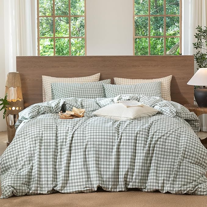 MooMee Gingham Duvet Cover Set 100% Washed Cotton Linen Like Textured Breathable Durable Soft Comfy Modern Checkered Design (Sage Green Gingham, Oversized Queen 98"x98")