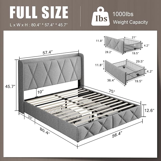 Einhomn Full Size Bed Frame with 4 Storage Drawers and Charging Station, Upholstered Platform Bed Frame with Storage Headboard, No Box Spring Needed, Easy Assembly, Light Grey