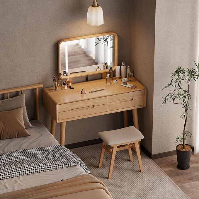 Solid Wood Vanity with Mirror and Lights, Adjustable Brightness, Wood Makeup Vanity with 3 Drawers, Semi-Assembled, Vanity Desk for Bedroom (Natural)