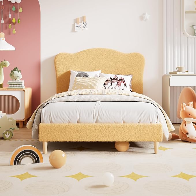 GarveeHome Upholstered Full Size Bed Frame for Kids with Scallop Headboard, Cute Velvet Full Bed for Girls, Boys, Sturdy Platform Bed, No Box Spring Needed, Wooden Slats, Noise Free, Yellow