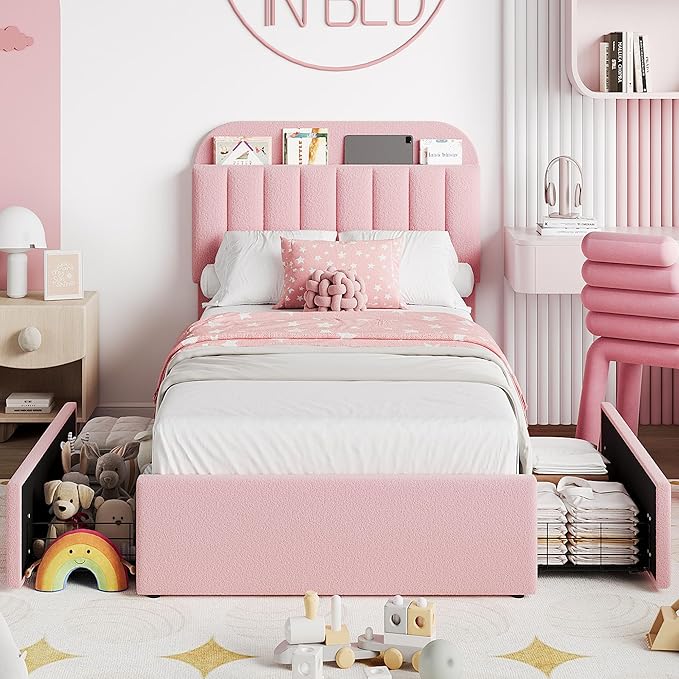 IDEALHOUSE Twin XL Bed Frame for Kids, Boucle Upholstered Platform Bed for Girls with 2 Flexible Drawers, Bookcase Headboard, Noise-Free, Easy Assembly, No Box Spring Needed, Pink