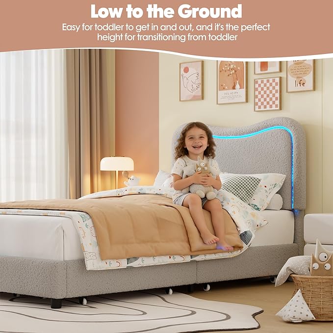 GarveeHome Upholstered LED Twin Bed Frames for Kids with 2 Drawers and Headboard, Cute Twin Bed with Storage for Girls, Boys, Sturdy Platform Bed, No Box Spring Needed, Wooden Slats, Noise Free, Grey