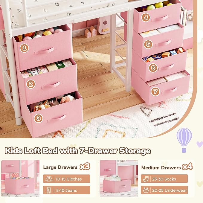 Low Loft Bed Twin Size with 7 Storage Drawers, Desk and LED Lights, Heavy Duty Metal Kids Loft Bed with 12" H Safety Guardrail, Anti-Collision Pad, Private Play Curtain, Under-Bed Play Space - Pink