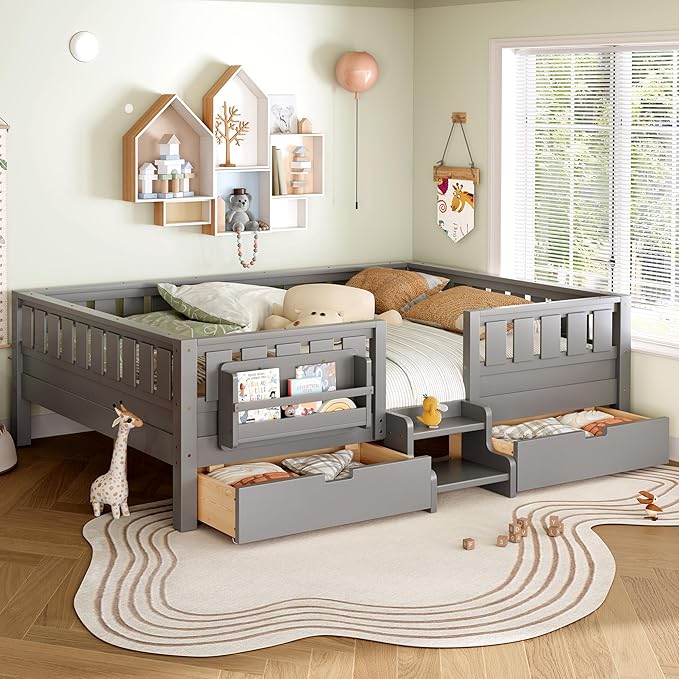 Bellemave Queen Size Kids Montessori Bed with Stairs and Bookshelf,Solid Wood Queen Size Kids Bed Frame with Drawers and Storage for Girls Boys,Low-Profile,Gray