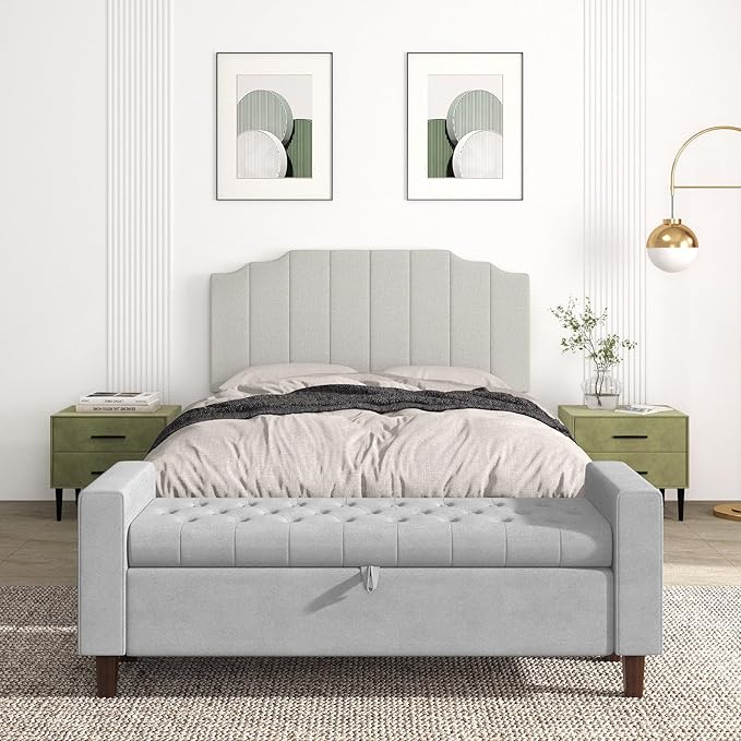 Befurtori Queen Size Headboard Only, Linen Wall Mounted Headboard Queen/Full Size for Adjustable Bed, Modern Vertical Channel Design with Curved Tufted Upholstered Head Board, Linen Gray