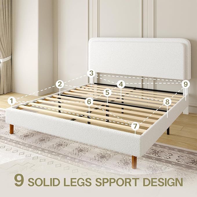 King Size Boucle Upholstered Bed Frame with Adjustable Headboard, Cloud Platform Bed, Solid Wooden Legs, No Box Spring Needed, Easy Assembly, White
