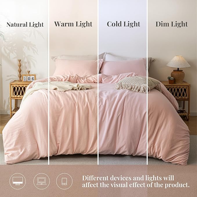 MILDLY Super Soft Duvet Cover - 100% Washed Microfiber Pink Comforter Cover Set 3 Pieces with Zipper Closure & Corner Ties (No Comforter)