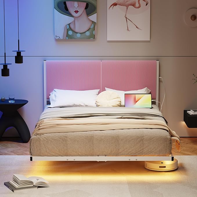 Full Size Floating Bed Frame with LED Lights & USB Charging Station,Metal Bed Frame Full Size with Upholstered Headboard,Platform Mattress Foundation,No Box Spring Needed,Easy Assembly,Pink