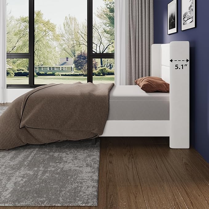 Garvee Twin Size Bed Frame with Wingback Headboard, Velvet Upholstered Platform Bedframe with Wood Slats, No Box Spring Needed, Easy Assembly, White