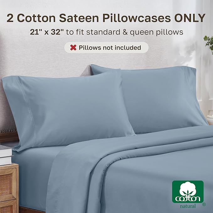 Heirloom Soft, Smooth & Thick Certified 800 Thread Count 100% Cotton Sateen, 2 Pillow Cases Standard Size Fits Standard & Queen Size Pillows (Dusty Blue)