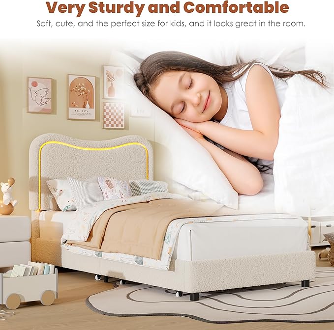 GarveeHome Upholstered LED Twin Bed Frames for Kids with 2 Drawers and Headboard, Cute Twin Bed with Storage for Girls, Boys, Sturdy Platform Bed, No Box Spring Needed, Wooden Slats, Noise Free, Beige