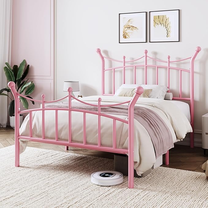 Allewie 14 Inches Twin Size Metal Platform Bed Frame with Elegant Crown Iron-Art Headboard & Footboard, Sturdy Mattress Foundation with Under-Bed Storage, Easy Assembly, No Box Spring Needed, Pink