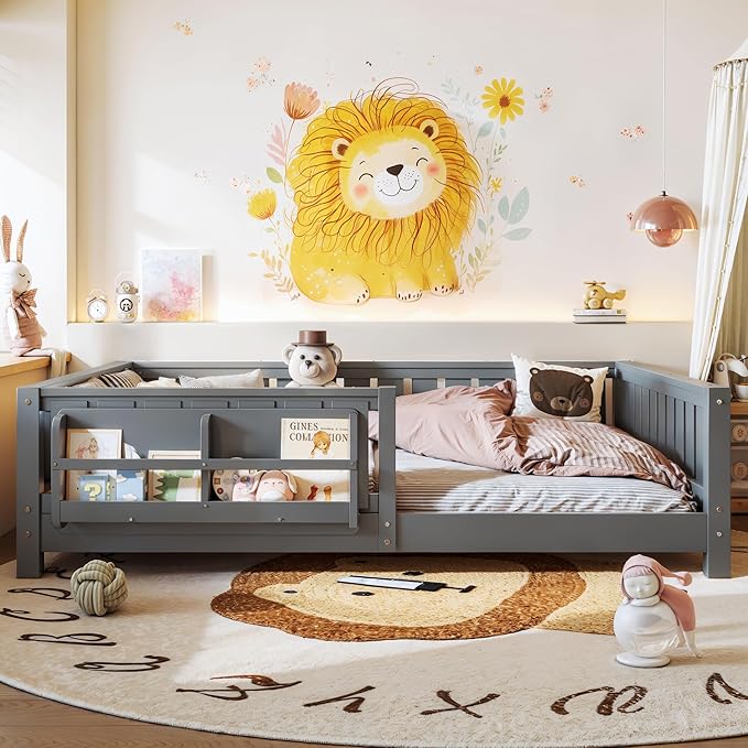Bellemave Full Size Kids Montessori Bed with Bookshelf,Solid Wood Full Floor Bed Frame with Fence and Slats for Girls Boys,Low-Profile,Gray