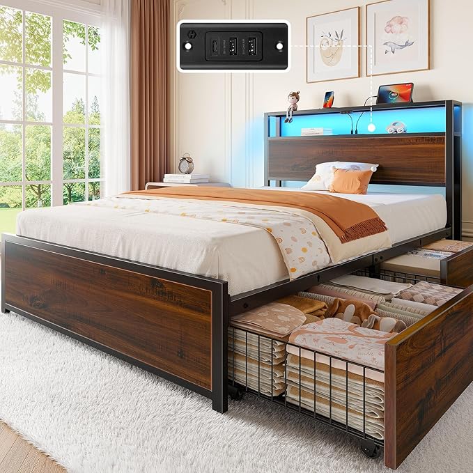 Rolanstar Twin Bed Frame with 4 Storage Drawers, Charging Station and LED Lights, Metal Platform Bed with 2-Tier Storage Headboard, No Box Spring Needed, Easy Assembly, Noise-Free, Walnut