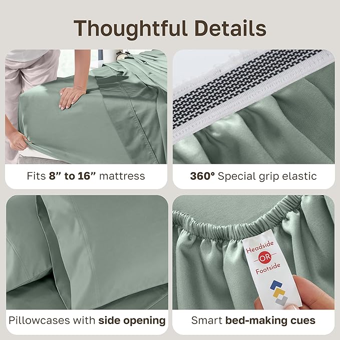 California Design Den Queen Bed Sheets Set - Luxury Hotel 800 Thread Count Sateen, Natural 100% Cotton Queen Size Sheets, Deep Pockets Durable Bedding Set - Sage Green