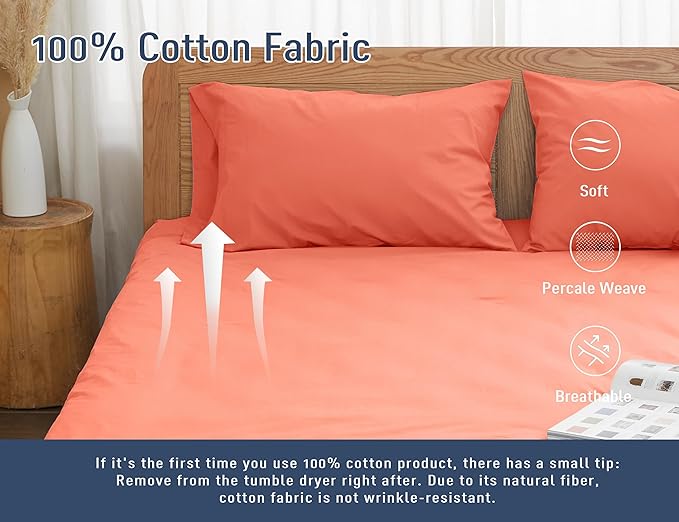 Pillow Cases, Standard Queen Size Cotton Percale Weave Pillowcases, Pre-Shrunk Breathable and Hypoallergenic Pillowcases, Set of 2 (2 Piece Standard/Queen 20 Inch x 30 Inch, Coral)