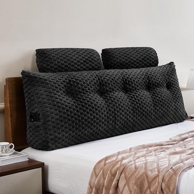 Wedge Headboard Pillow - Bed Wedge Pillow for Headboard Triangular Headboard Pillow with Neck Roll Pillow-Large Bolster Pillow for Sitting in Bed Backrest Positioning Support (Black,59x8x20 Inches)