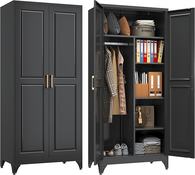 SteeLoong Metal Wardrobe Closet,71" H Wardrobe Cabinet with 2 Doors,Black Clothing Storage Cabinets with Hanging Rod and 3 Adjustable Shelves,Armoire Wardrobe Closet for Home Office,School,Gym