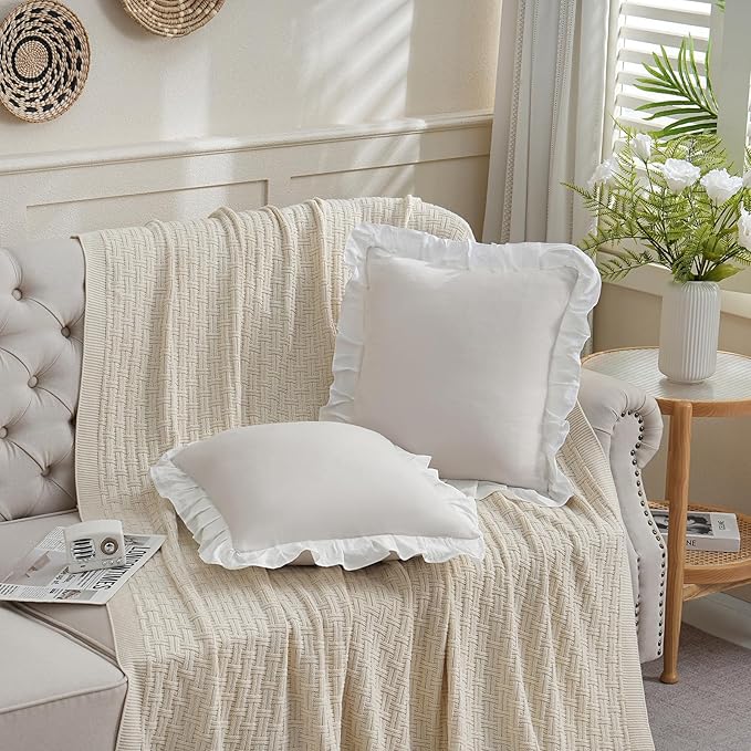 Merryword Beige and White Reversible Pillowcases 18x18 Throw Pillow Covers Pack of 2 Soft Microfiber Ruffle Decorative Pillowcase Cushion for Couch Sofa Bedroom