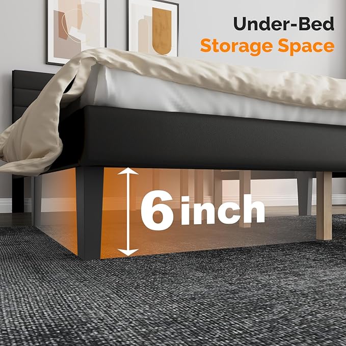 VINGLI Full Faux Leather Bed Frame, Upholstered Platform Bed with Adjustable Headboard, Wood Mattress Foundation with Heavy Duty Slats Support,Luxury Modern,No Box Spring Needed, Black