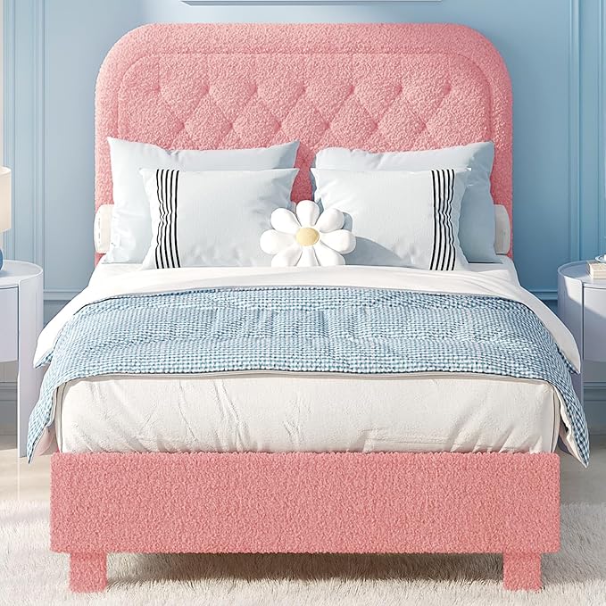 VINGLI Cloud Queen Bed Frame with Boucle Headboard,Cozy Soft Platform Bed with Wooden Slats, Cute Fabric Headboard, Cream Modern Style,Noise Free,Rounded Corners,Pink