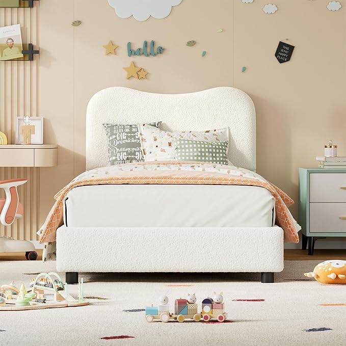 Boucle Twin Bed Frame for Kids with Upholstered Headboard, Low Profile Sturdy Platform Bed with Soft Boucle Fabric for Girls and Boys, Heavy Duty, Wooden Slats, Noise Free, No Box Spring Needed, White