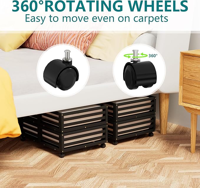 Wisuce Bamboo Under Bed Storage Containers- Underbed Organizer with Wheels with Dust Bag,Sturdy Wood Rolling Under the Bed Shoe Storage Organizer Drawers (Black, 2 Pack (23.62"×16.54"))