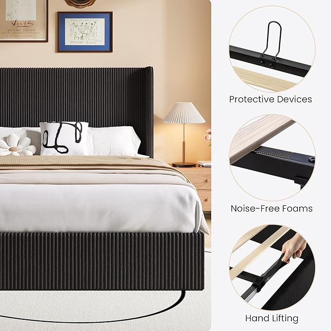 SHA CERLIN Queen Size Lift Up Storage Bed Frame, Modern Upholstered Wingback Headboard, Hydraulic Support & Underneath Storage, Soft Corduroy Fabric Platform Bed, No Box Spring Needed, Black
