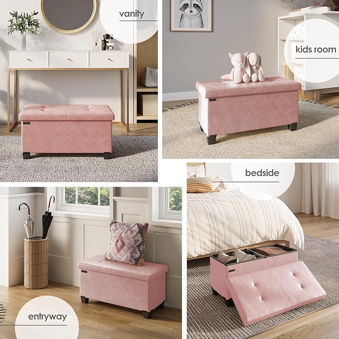 Storage Ottoman Bench with Bins, 30-in Storage Bench for Bedroom End of Bed, Folding Foot Rest Ottoman for Living Room Max 660lbs, Leather Ottomans, Pink