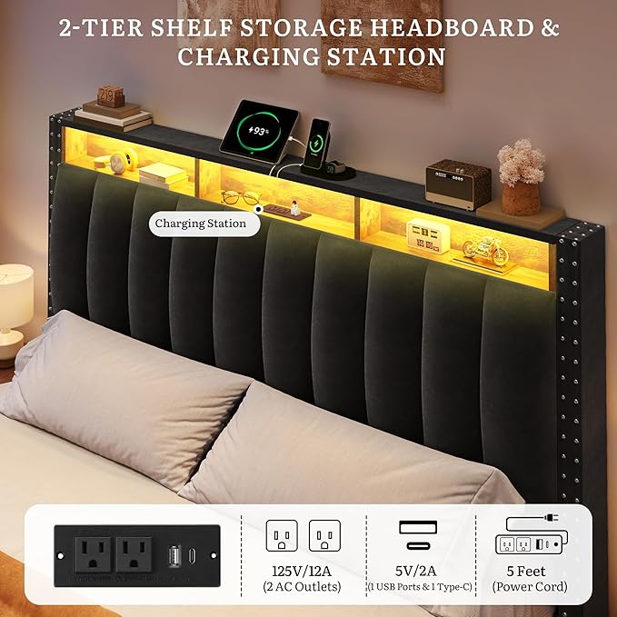 YITAHOME King Size Bed Frame with 4 Storage Drawers and RGB LED Lights, Velvet Upholstered Platform Bed with Charging Station and Bookcase Storage Headboard, No Box Spring Needed, Easy Assembly, Black