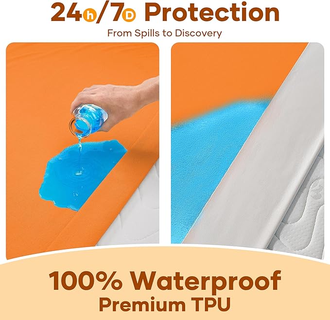 OhGeni 100% Waterproof Mattress Protector, Queen Size Orange, Fitted Sheet with Deep Pockets, 6''-18'', Premium Noiseless Breathable Soft Material, Mattresses Cover for Bed