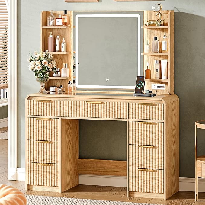 43" Makeup Vanity Desk with Mirror and Lights&Power Outl, 3 Adjustable Light Color,Glass Top Big Vanity Table with 9 Drawers & 6 Shelves,Girls Vanity for Bedroom, Oak