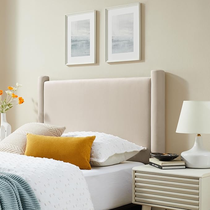 Modway Rael Twin Upholstered Headboard with Pillars in Alabaster – Velvet Headboard – Stain-Resistant Performance Velvet Headboard for Twin Beds