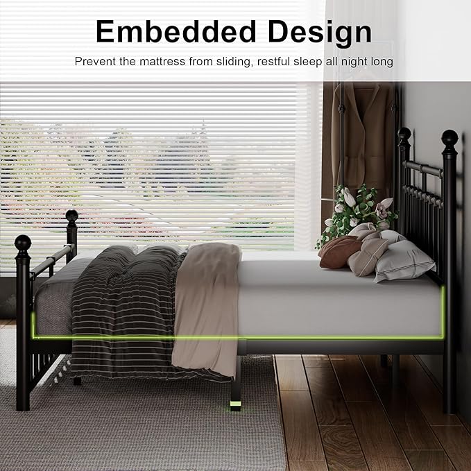 Feonase King Size Metal Platform Bed Frame with Victorian Classic Iron-Art Headboard & Footboard, Steel Slats Support, 12" Under Bed Storage, No Box Spring Needed, Easy Assembly, Noise-Free, Black