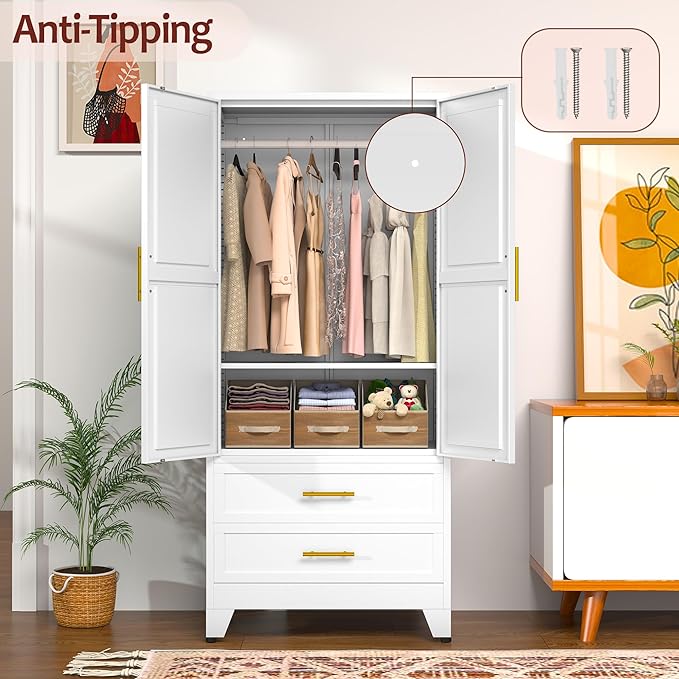 winiowa Metal Armoire Wardrobe Closet with 2 Drawers, 71" Wardrobe Cabinet with Adjustable Shelves and Hanging Rod, Clothing Storage Cabinet Closet for Bedroom-White