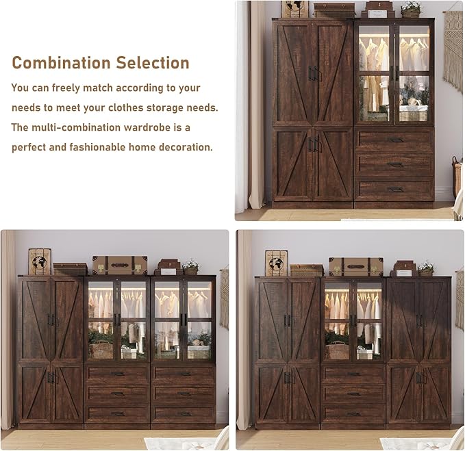 Hlivelood 75" Tall Farmhouse 2 Doors Armoire Wardrobe Closet with LED,Freestanding Closet Wardrobe Cabinet for Bedroom with Hanging Rod,Wooden Armoire Storage Cabinet with Adjustable Shelves(Brown)