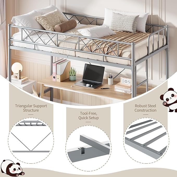 Garvee Twin Size Loft Bed, Heavy Duty Metal Frame with Arched Guardrail, Flat Ladder Rung, and Steel Slat Support, No Box Spring Required, Space Efficient, Gray
