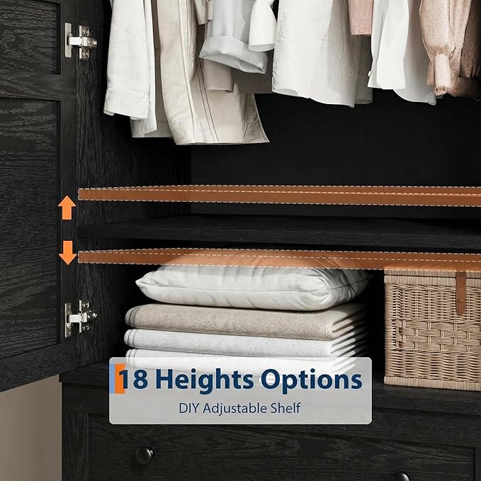 IDEALHOUSE Armoire Wardrobe Closet with 4 Doors, 72" Tall Wooden Clothing Wardrobe with Hanging Rod & DIY Adjustable Shelf, Heavy Duty Bedroom Armoire Storage Cabinet, Rustic Black