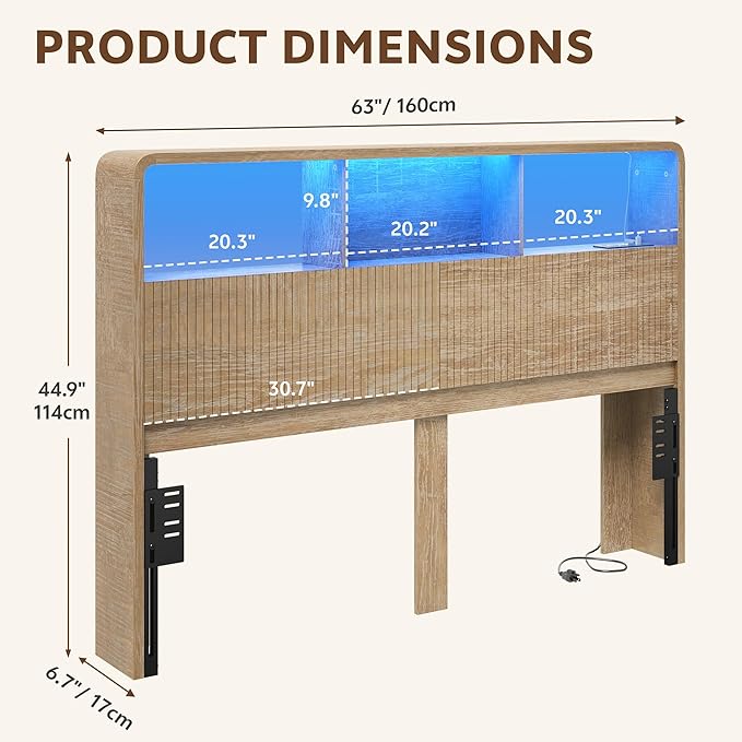 Headboard Queen Size, 63" Wide Wooden Queen Headboard Only, Modern Farmhouse Head Board with Outlets & USB Ports, Wall Mounted Headboards with Color-Changing LED Lighting, Natural