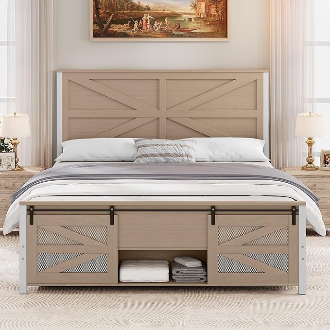 YITAHOME Queen Size Farmhouse Bed Frame with Sliding Barn Door Storage Cabinets, Platform Bed Frame with 47.2" Headboard, Solid Metal Slats Support, Noiseless, No Box Spring Needed, Oak