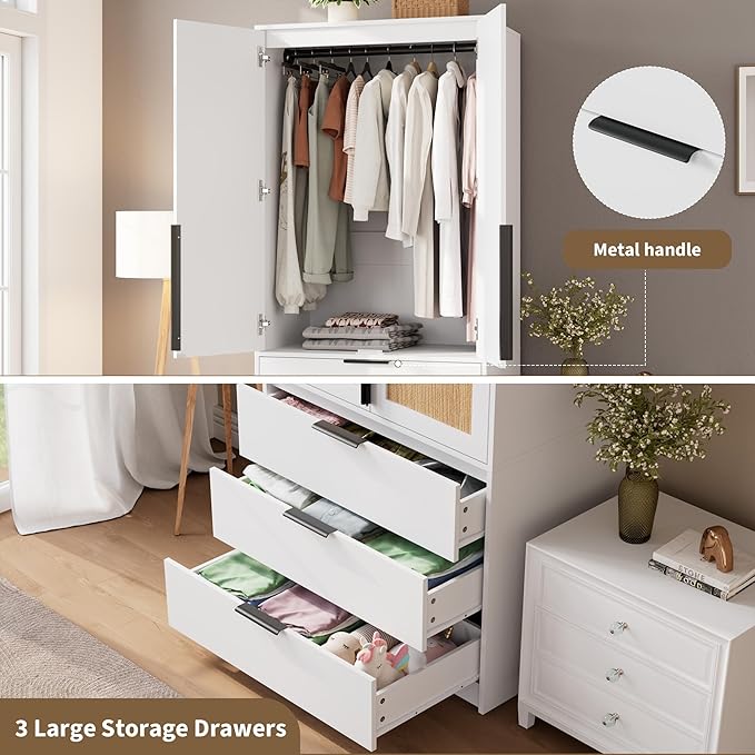 GarveeHome Armoire Wardrobe Closet, 69.5 in Wooden Wardrobe Cabinet with 3 Drawers, Hanging Rod, 2 Doors Clothing Storage Cabinet for Bedroom, Large Capacity Storage, Rattan Door, White