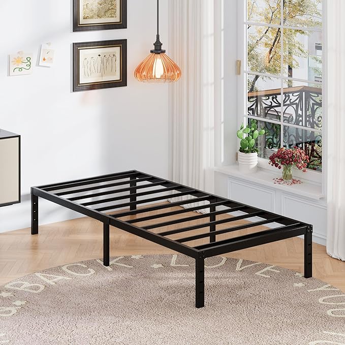 Upcanso 16 Inch Twin Bed Frames with White Skirt Cover, Metal Twin Size Bed Frame with Storage, Heavy Duty, No Box Spring Needed, Easy Assembly, Noise Free, Mattress Foundation