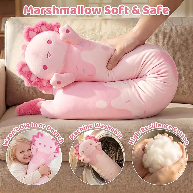 Mewaii Long Axolotl Plush 5 Sizes, 120% Extra Filling Giant Plushness Kids Body Pillow, Kawaii Cute Pink Axolotl Stuffed Animals Plushies, Big Long Body Pillow Cat Plush Gift for Girls 20”