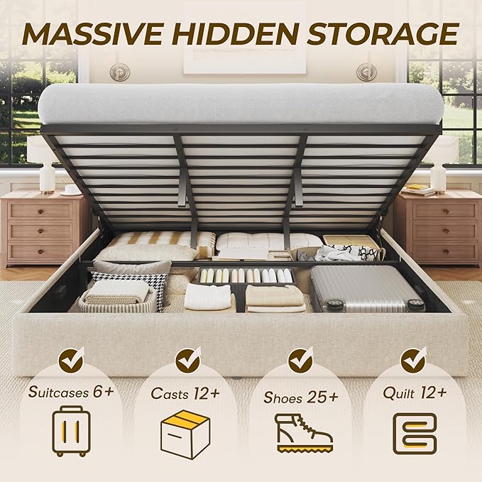 HISOFT King Size Lift Up Storage Bed Frame, Linen Upholstered Platform Bed with Wingback Headboard, Heavy Duty Hydraulic Gas Lift Underbed Space, Reinforced Full Metal Slats, Noise Free, Beige