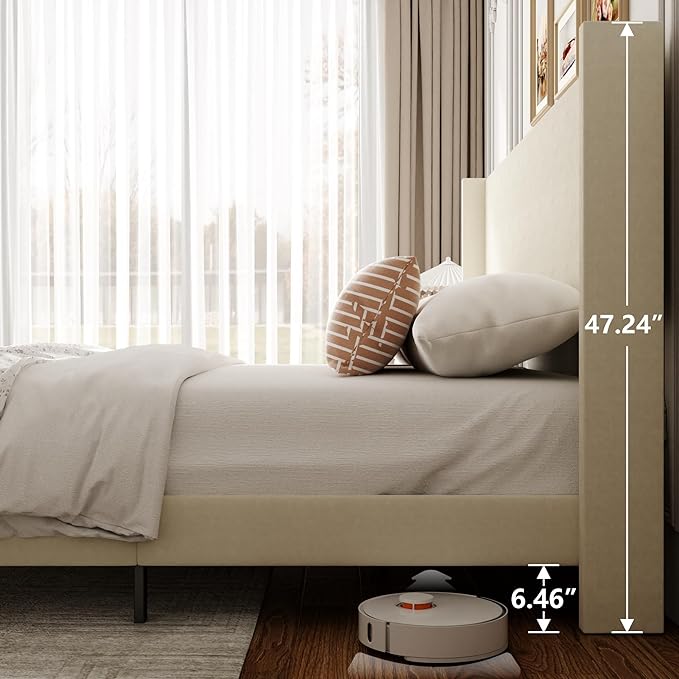 Sismplly Queen Bed Frame with Wingback Headboard, Velvet Upholstered Platform Bed with Wooden Slats, 6.46“ Under Bed Storage, Metal Support, Noise Free, No Box Spring Needed, Beige
