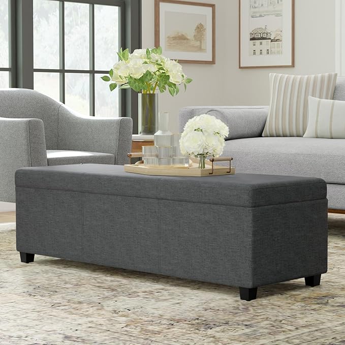SIMPLIHOME Avalon Extra Large Storage Ottoman Bench - 54 inch Wide Upholstered Linen Look Fabric Rectangular Lift-Top Ottoman in Slate Grey, Contemporary Bench for Living Room with Hidden Storage