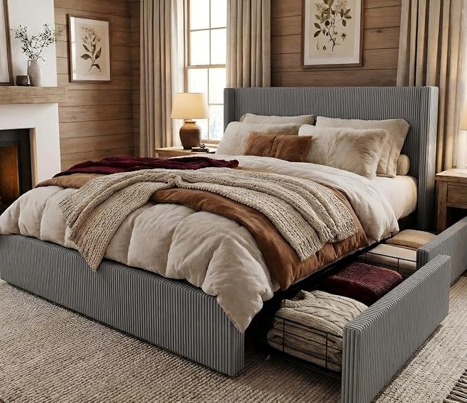 IDEALHOUSE Queen Size Upholstered Platform Bed Frame with Storage Drawers, Corduroy Wingback with Tufted Headboard and Footboard, No Box Spring Needed, Grey
