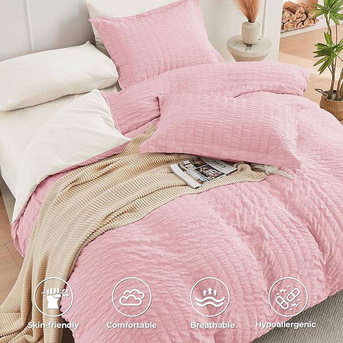 HYMOKEGE Pink/Ivory California King Comforter Set Seersucker 7 Pieces, All Season Luxury Bed in a Bag for Bedroom, Bedding Set with Comforter, Sheets, Pillowcases & Shams