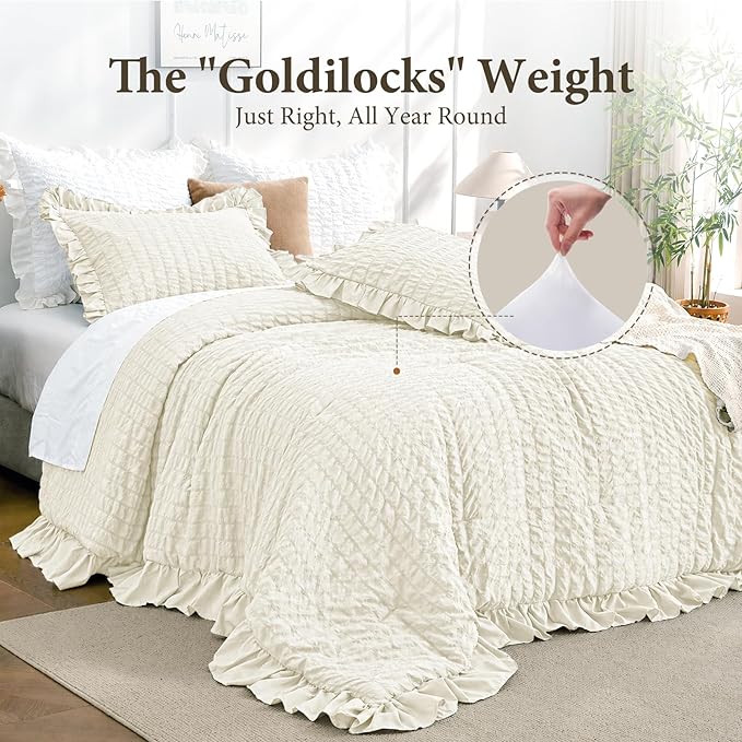 JOLLYVOGUE Ivory Twin Size Comforter Set, 2 Pieces Seersucker Lightweight Fluffy Bedding Set, Twin Ruffle Comforter, All Season Soft Microfiber Shabby Chic Bed Set
