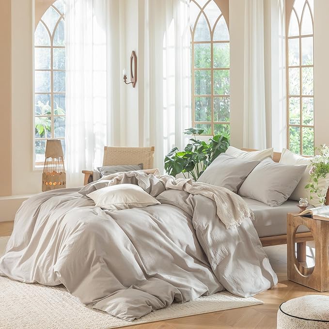 MooMee Bedding Duvet Cover Set 100% Washed Cotton Linen Like Textured Breathable Durable Soft Comfy (Heathered Cream Grey, Super Queen 90"x98")